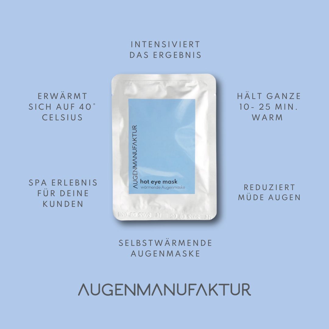 Intensiviert das Ergebnis, hält 10-25 Minuten warm, reduziert müde Augen, Selbstwärmende Augenmaske, Spa Erlebnis für deine Kunden, erwärmt sich auf 40° Celsius