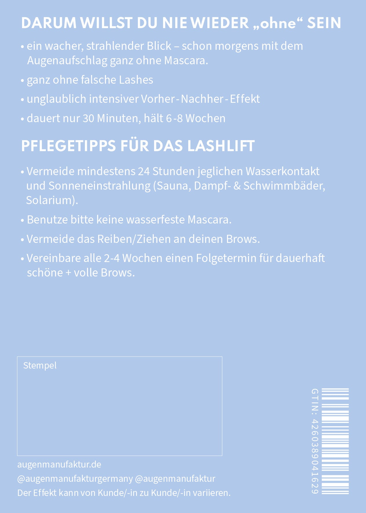 Materiales impresos promocionales de Lashlift