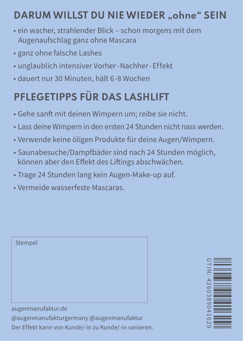 Materiales impresos promocionales de Lashlift